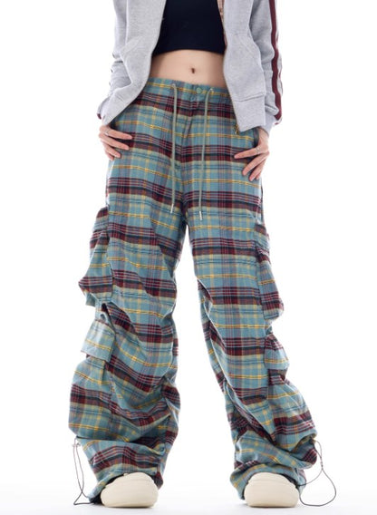 Autumn Gradient Plaid Wide-Leg Utility Trousers with Pleated Design [ID:0084PA]