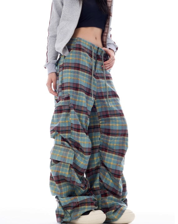 Autumn Gradient Plaid Wide-Leg Utility Trousers with Pleated Design [ID:0084PA]