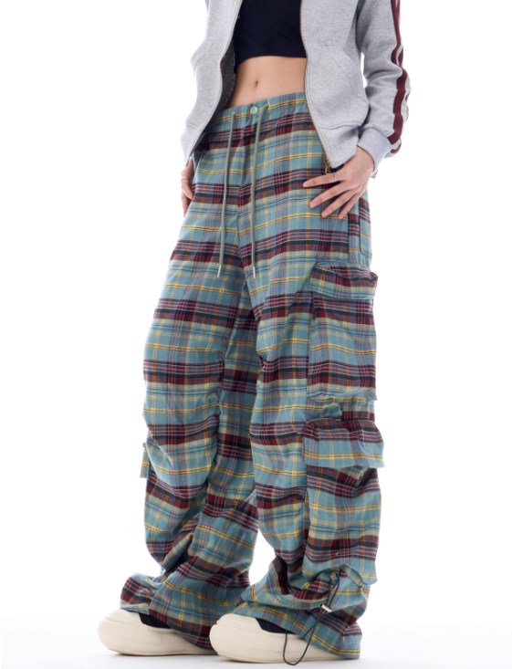 Autumn Gradient Plaid Wide-Leg Utility Trousers with Pleated Design [ID:0084PA]