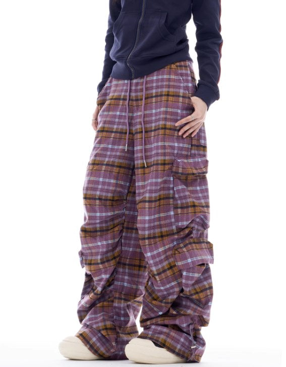 Autumn Gradient Plaid Wide-Leg Utility Trousers with Pleated Design [ID:0084PA]