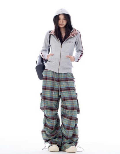 Autumn Gradient Plaid Wide-Leg Utility Trousers with Pleated Design [ID:0084PA]