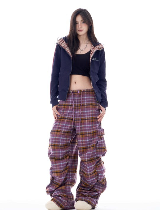 Autumn Gradient Plaid Wide-Leg Utility Trousers with Pleated Design [ID:0084PA]