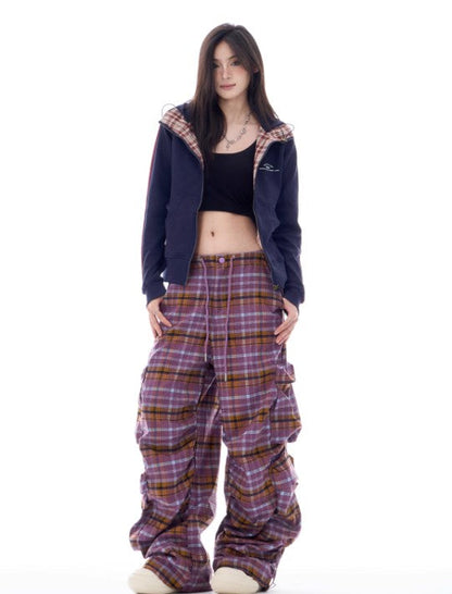 Autumn Gradient Plaid Wide-Leg Utility Trousers with Pleated Design [ID:0084PA]