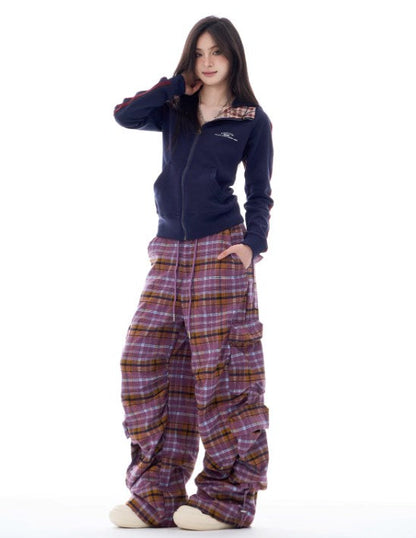 Autumn Gradient Plaid Wide-Leg Utility Trousers with Pleated Design [ID:0084PA]