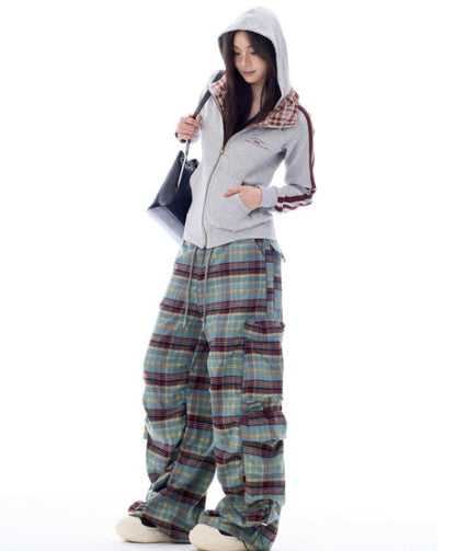 Autumn Gradient Plaid Wide-Leg Utility Trousers with Pleated Design [ID:0084PA]