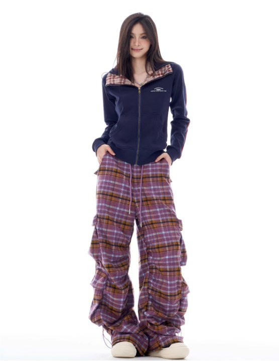 Autumn Gradient Plaid Wide-Leg Utility Trousers with Pleated Design [ID:0084PA]