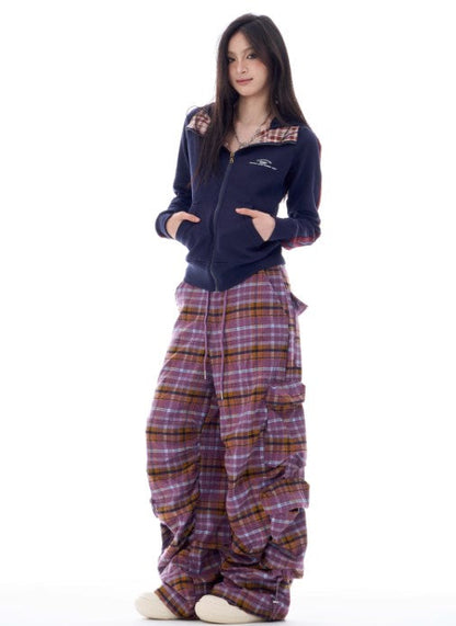 Autumn Gradient Plaid Wide-Leg Utility Trousers with Pleated Design [ID:0084PA]