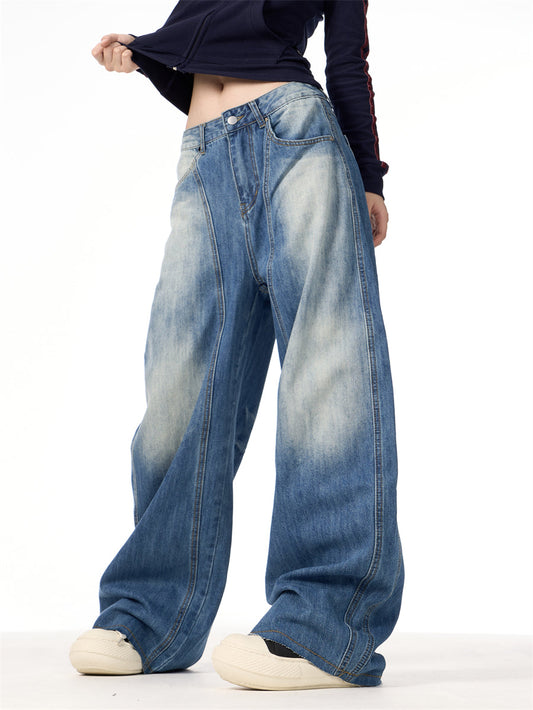 American Retro Washed Lightning Pattern Deconstructed Smitar Jeans [ID:0085PA]
