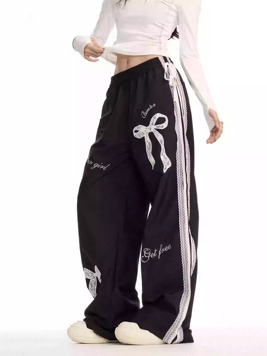 Ribbon Lace Casual Elastic Waist Loose Wide-Leg Pants [ID:0089PA]