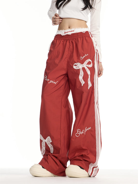 Ribbon Lace Casual Elastic Waist Loose Wide-Leg Pants [ID:0089PA]