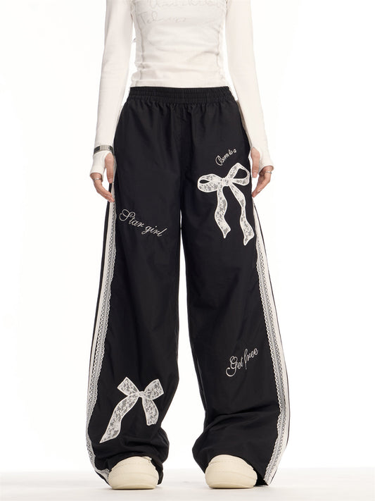 Ribbon Lace Casual Elastic Waist Loose Wide-Leg Pants [ID:0089PA]