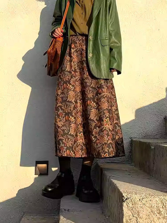 Autumn Forest Retro Print Skirt Women's High-Waist Midi A-Line Skirt [ID:0091SK]