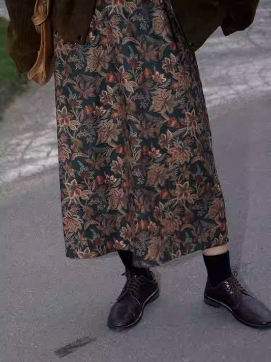 Autumn Forest Retro Print Skirt Women's High-Waist Midi A-Line Skirt [ID:0091SK]
