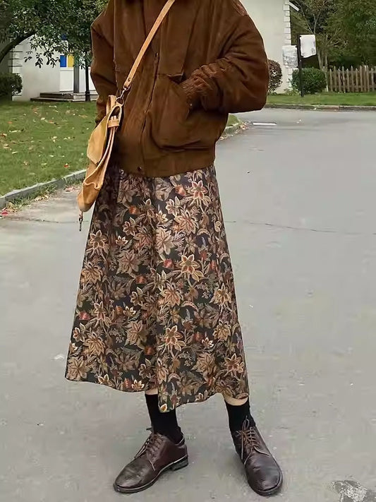Autumn Forest Retro Print Skirt Women's High-Waist Midi A-Line Skirt [ID:0091SK]