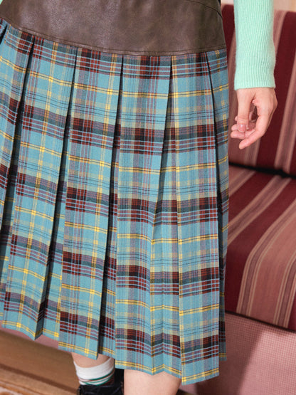 Menuet College-Style Patchwork Midir Skirt Retro Pleated Skirt [ID:0093SK]