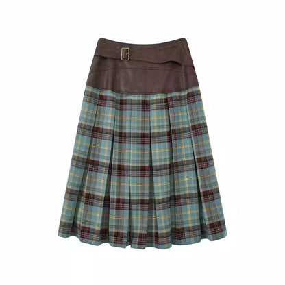 Menuet College-Style Patchwork Midir Skirt Retro Pleated Skirt [ID:0093SK]