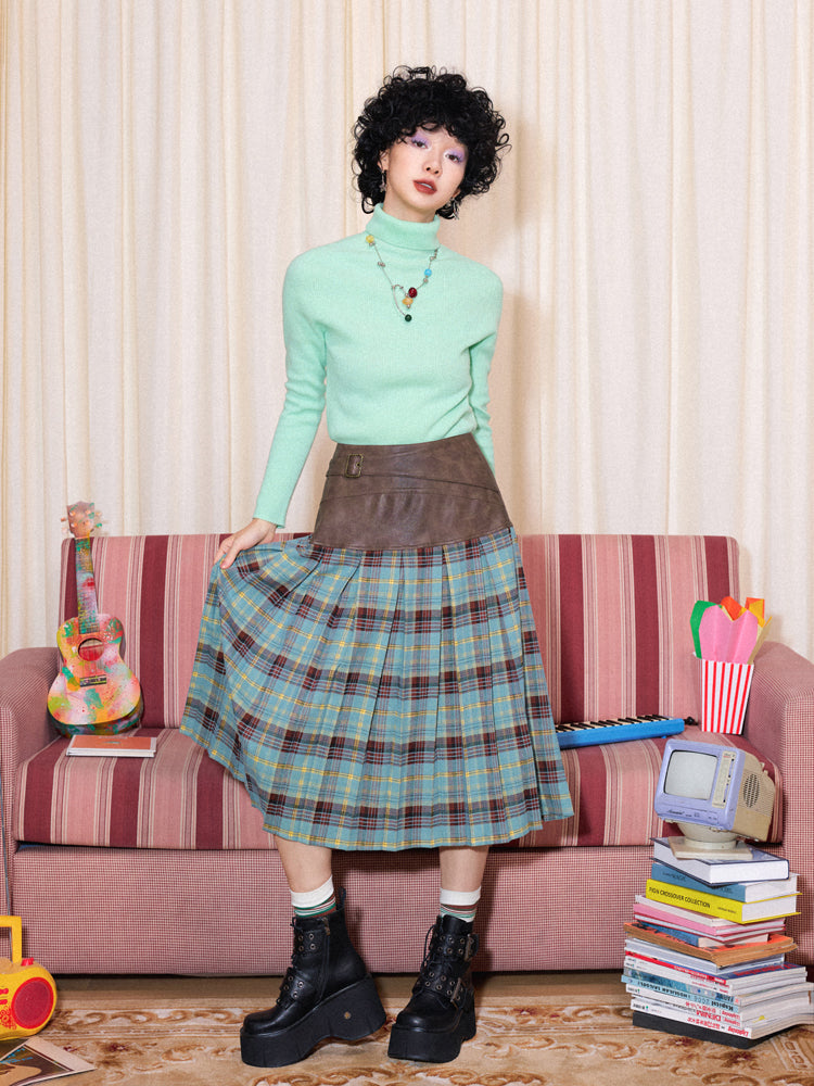 Menuet College-Style Patchwork Midir Skirt Retro Pleated Skirt [ID:0093SK]