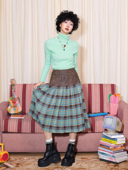 Menuet College-Style Patchwork Midir Skirt Retro Pleated Skirt [ID:0093SK]