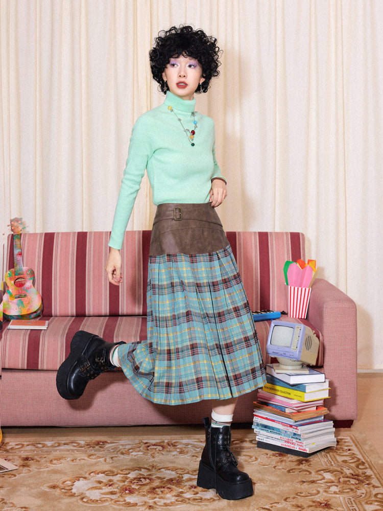 Menuet College-Style Patchwork Midir Skirt Retro Pleated Skirt [ID:0093SK]