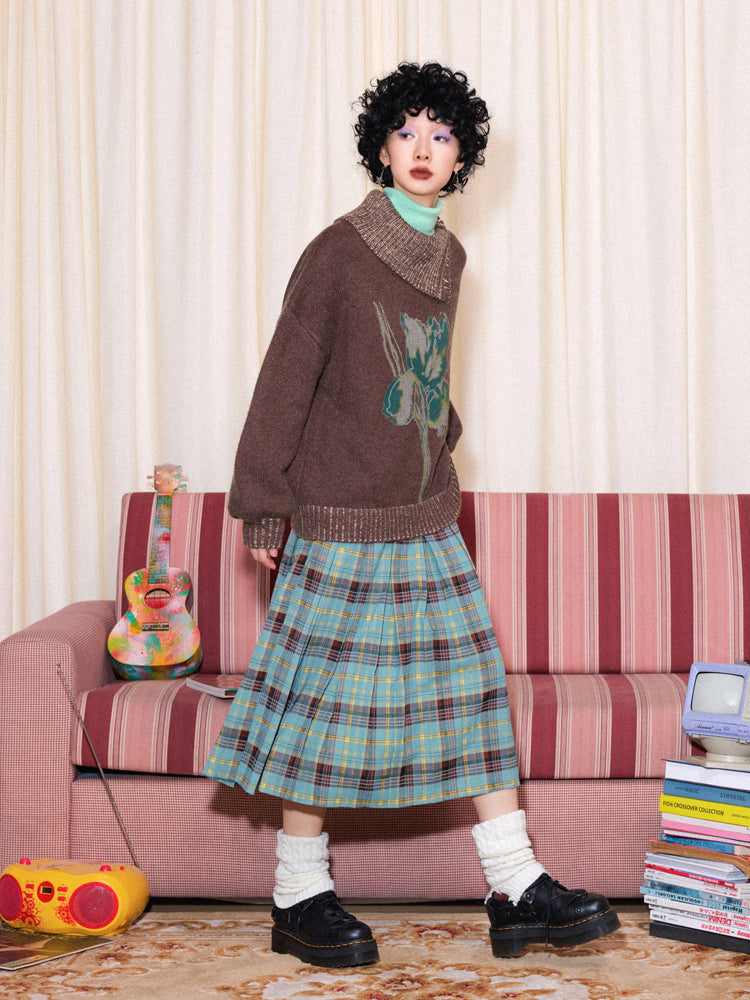 Menuet College-Style Patchwork Midir Skirt Retro Pleated Skirt [ID:0093SK]