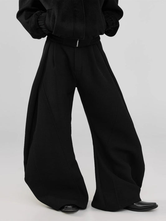 Pleats & Scimitar Pants Wide-Leg Loose Fit Black Casual Trousers [ID:0094PA]