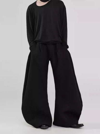 Pleats & Scimitar Pants Wide-Leg Loose Fit Black Casual Trousers [ID:0094PA]