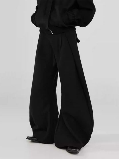 Pleats & Scimitar Pants Wide-Leg Loose Fit Black Casual Trousers [ID:0094PA]