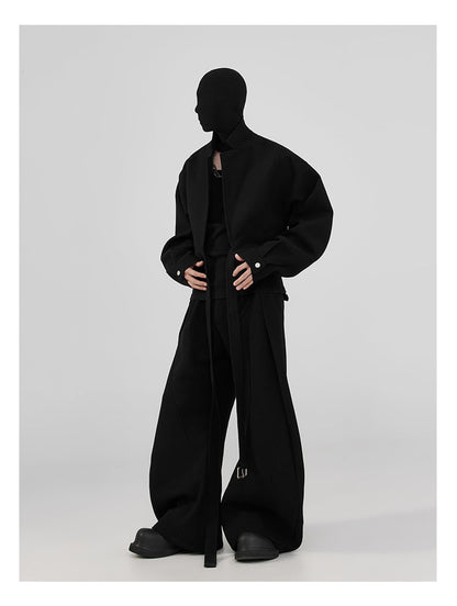 Pleats & Scimitar Pants Wide-Leg Loose Fit Black Casual Trousers [ID:0094PA]