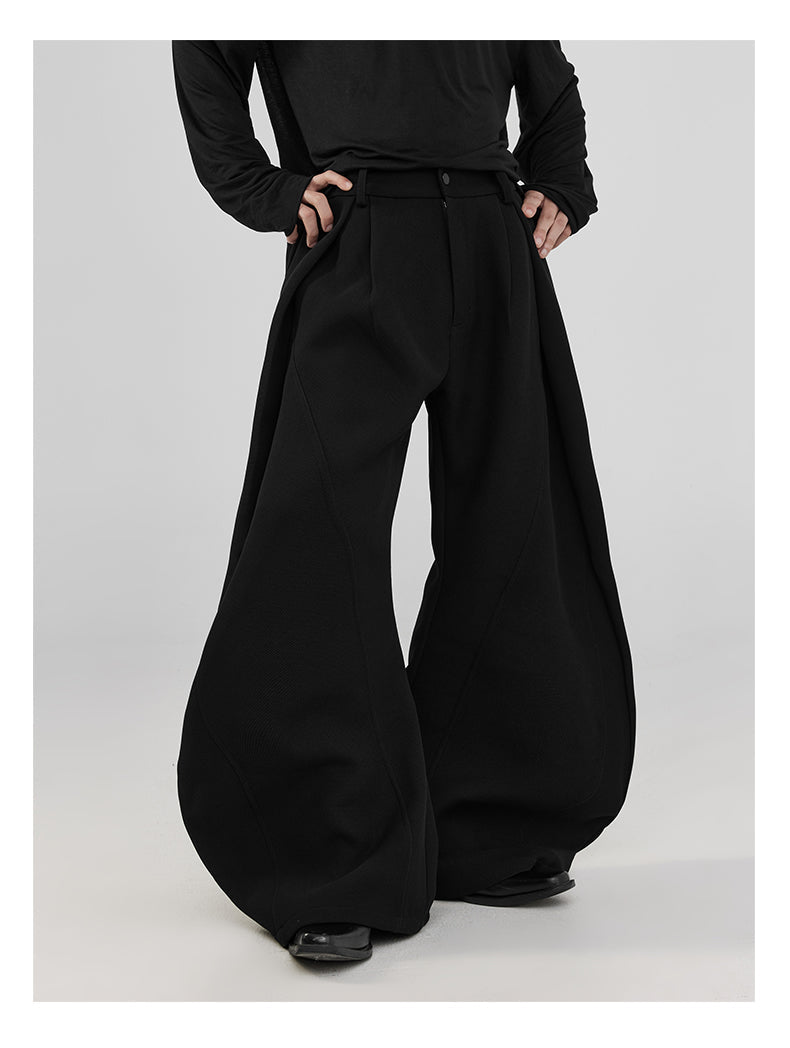 Pleats & Scimitar Pants Wide-Leg Loose Fit Black Casual Trousers [ID:0094PA]