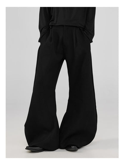 Pleats & Scimitar Pants Wide-Leg Loose Fit Black Casual Trousers [ID:0094PA]