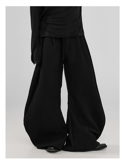 Pleats & Scimitar Pants Wide-Leg Loose Fit Black Casual Trousers [ID:0094PA]