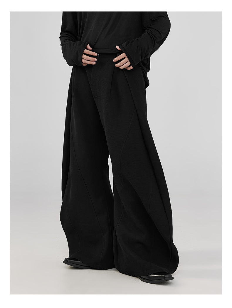 Pleats & Scimitar Pants Wide-Leg Loose Fit Black Casual Trousers [ID:0094PA]