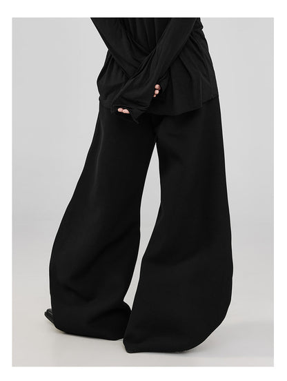 Pleats & Scimitar Pants Wide-Leg Loose Fit Black Casual Trousers [ID:0094PA]