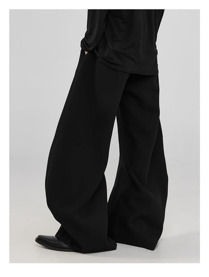 Pleats & Scimitar Pants Wide-Leg Loose Fit Black Casual Trousers [ID:0094PA]