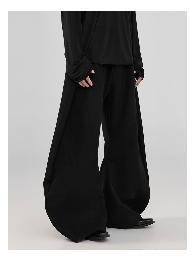 Pleats & Scimitar Pants Wide-Leg Loose Fit Black Casual Trousers [ID:0094PA]