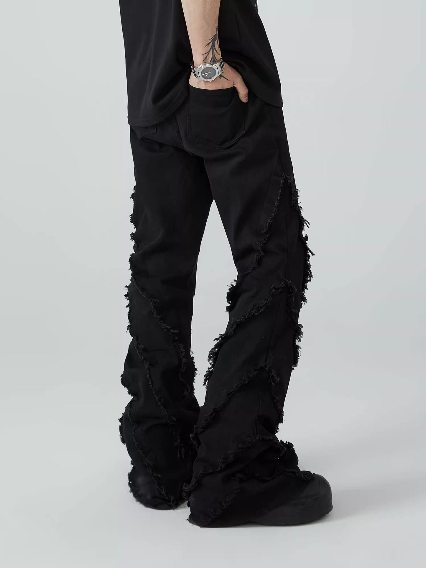 Pioneer Versatile Black Slim Raw Wash Denim Casual Flare Pants Unisex [ID:0096PA]