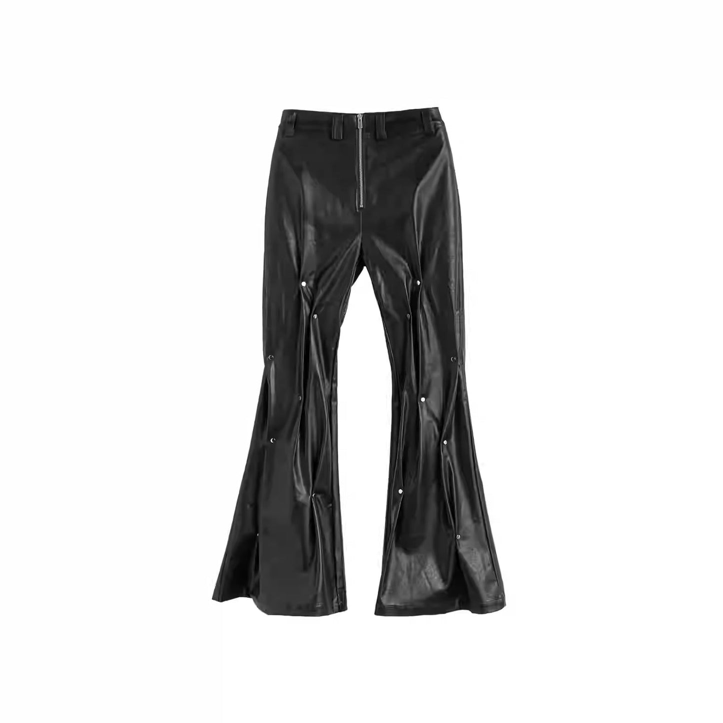 Handmade Rivet Pinch-Processed Heavy Black Loose Leather Pants [ID:0098SU]