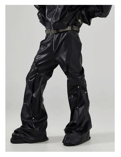 Handmade Rivet Pinch-Processed Heavy Black Loose Leather Pants [ID:0098SU]