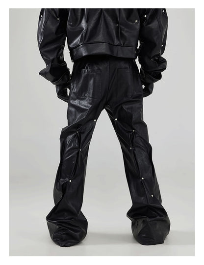 Handmade Rivet Pinch-Processed Heavy Black Loose Leather Pants [ID:0098SU]