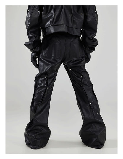 Handmade Rivet Pinch-Processed Heavy Black Loose Leather Pants [ID:0098SU]