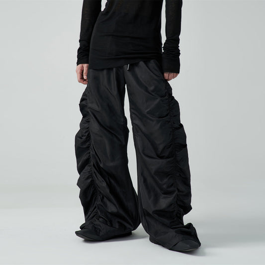 Pleated Drawstring Casual Pants Unisex Loose High-Waist Floor-Length Designer Pants [ID:0099PA]