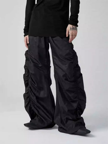 Pleated Drawstring Casual Pants Unisex Loose High-Waist Floor-Length Designer Pants [ID:0099PA]