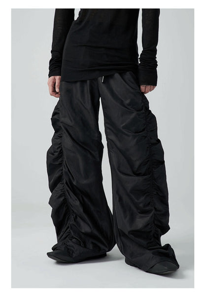 Pleated Drawstring Casual Pants Unisex Loose High-Waist Floor-Length Designer Pants [ID:0099PA]