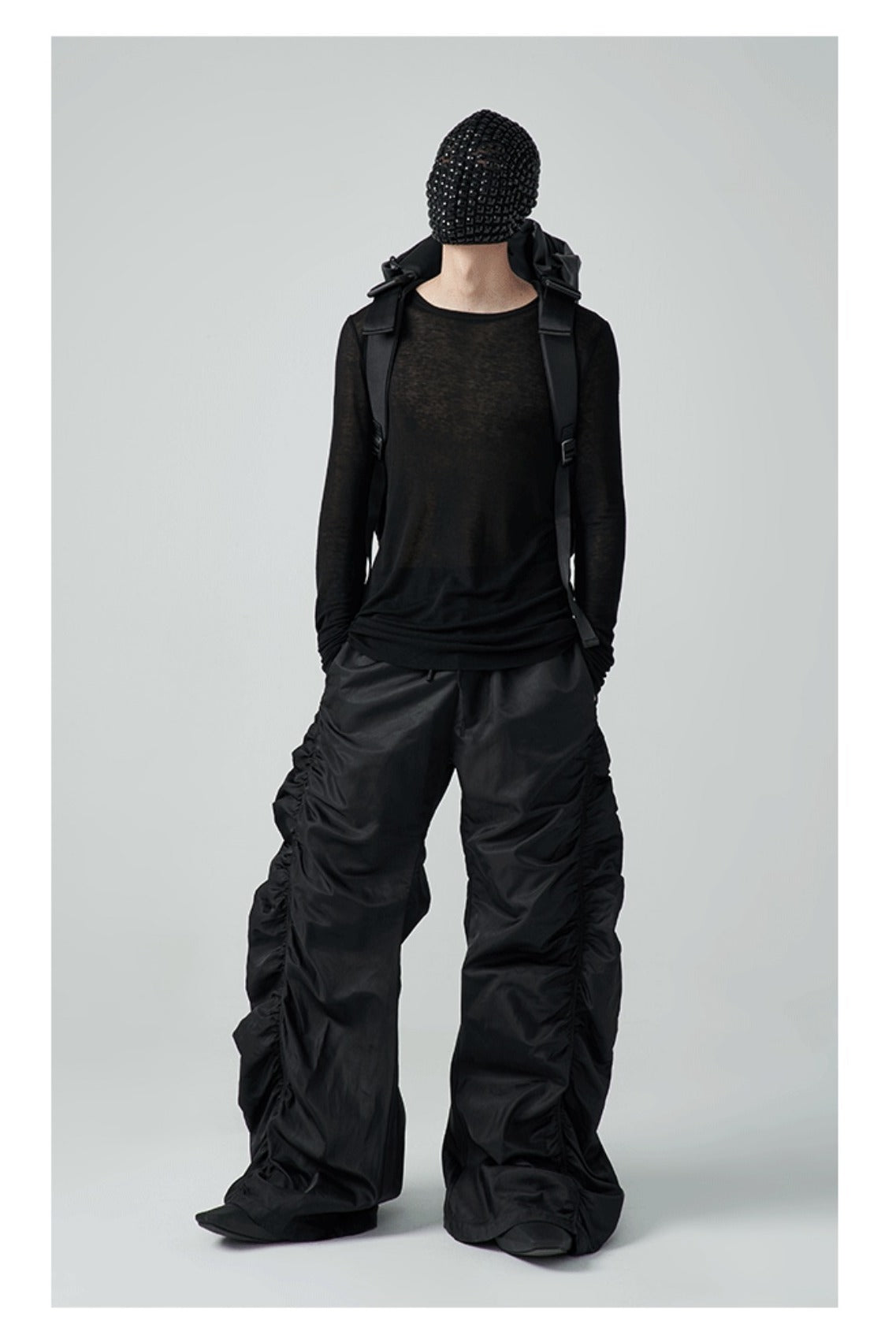 Pleated Drawstring Casual Pants Unisex Loose High-Waist Floor-Length Designer Pants [ID:0099PA]