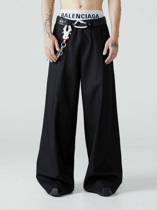 Relaxed Fit Black Pleated Wide-Leg Trousers Versatile All-Season Style [ID:0101SU]