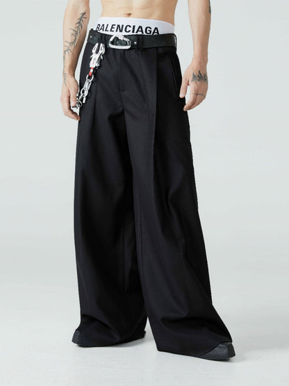 Relaxed Fit Black Pleated Wide-Leg Trousers Versatile All-Season Style [ID:0101SU]