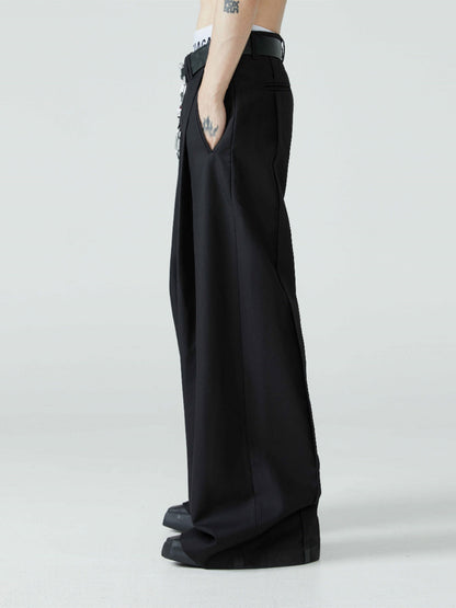 Relaxed Fit Black Pleated Wide-Leg Trousers Versatile All-Season Style [ID:0101SU]