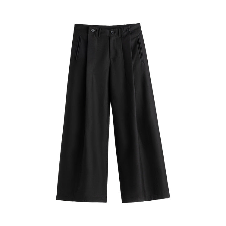 Relaxed Fit Black Pleated Wide-Leg Trousers Versatile All-Season Style [ID:0101SU]