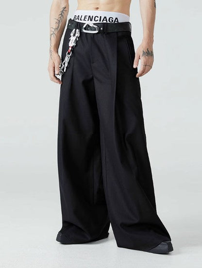 Relaxed Fit Black Pleated Wide-Leg Trousers Versatile All-Season Style [ID:0101SU]