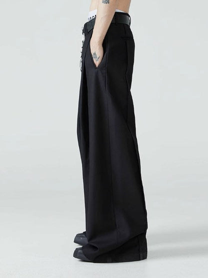 Relaxed Fit Black Pleated Wide-Leg Trousers Versatile All-Season Style [ID:0101SU]